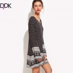 DIDK Womens Clothing Women Fall Dresses 2016 Ladies Shift Dress Vintage Print Crisscross V Neck Long Sleeve Tunic Dress