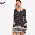 DIDK Womens Clothing Women Fall Dresses 2016 Ladies Shift Dress Vintage Print Crisscross V Neck Long Sleeve Tunic Dress