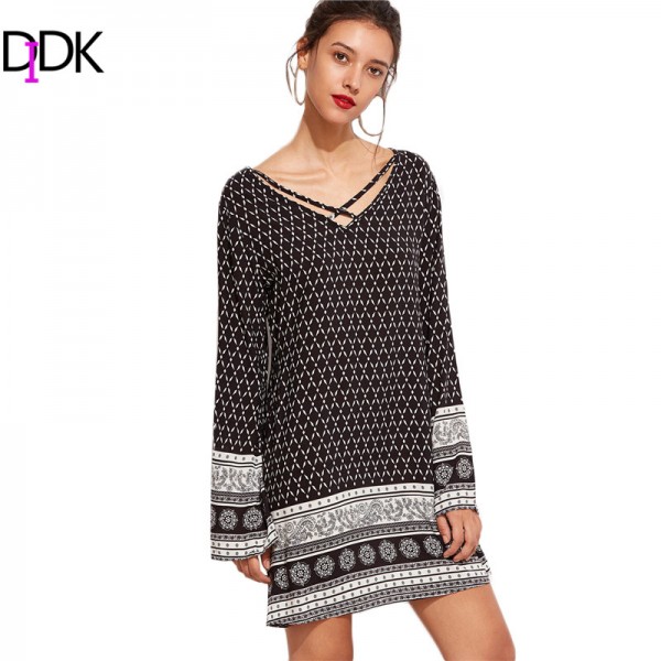 DIDK Womens Clothing Women Fall Dresses 2016 Ladies Shift Dress Vintage Print Crisscross V Neck Long Sleeve Tunic Dress