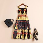 Daily Dress Fashion Women's Elegant 2017 Summer New Sheath Flowers Bow Colorful Printed A-line Black Midi Sicily Dress