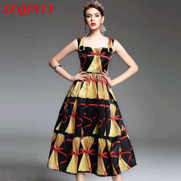 Daily Dress Fashion Women's Elegant 2017 Summer New Sheath Flowers Bow Colorful Printed A-line Black Midi Sicily Dress