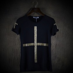 Dance Leisure Clothes Men Fashion Short Sleeve T Shirt Unique Personality Cross Decoration Cultivate One Morality Garments