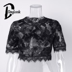 DayLook 2016 Women Crop Top Black Tasseled Trims Sequins Embroidery  Sheer Lace Crop Top Plus Size S-L poleras de mujer