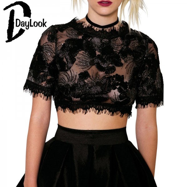 DayLook 2016 Women Crop Top Black Tasseled Trims Sequins Embroidery  Sheer Lace Crop Top Plus Size S-L poleras de mujer