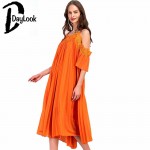 DayLook 2016 Women Dress Orange Ruched Puff Crochet Lace Cold Shoulder Open Back Loose Pleated Beach Maxi Dress Plus Size S-L