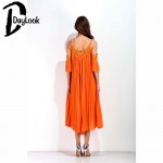 DayLook 2016 Women Dress Orange Ruched Puff Crochet Lace Cold Shoulder Open Back Loose Pleated Beach Maxi Dress Plus Size S-L