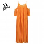 DayLook 2016 Women Dress Orange Ruched Puff Crochet Lace Cold Shoulder Open Back Loose Pleated Beach Maxi Dress Plus Size S-L