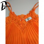 DayLook 2016 Women Dress Orange Ruched Puff Crochet Lace Cold Shoulder Open Back Loose Pleated Beach Maxi Dress Plus Size S-L