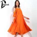 DayLook 2016 Women Dress Orange Ruched Puff Crochet Lace Cold Shoulder Open Back Loose Pleated Beach Maxi Dress Plus Size S-L