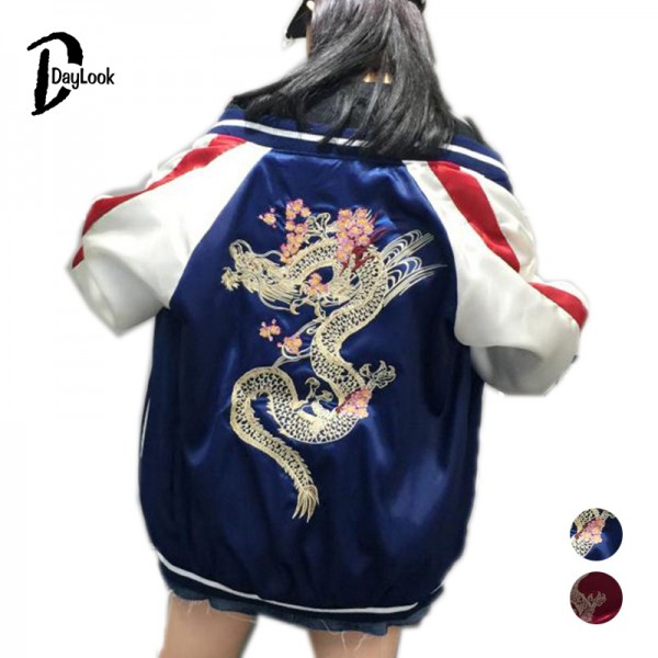 DayLook Autumn Bomber Jacket Women Street Slip Jacket Embroidery Dragon Loose Baseball Coat Plus Size Souvenir Jacket Yokosuka 