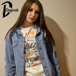 Daylook 2017 Hot Sale Light Blue Letter Patch Ripped Pockets Denim Coat Women Casual Summer Style Fashion Wear Plus Size S-XL