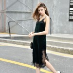 Deep V Neck Velvet Lace Dress 2017 Ladies Slip Split Spring Autumn Fashion Spaghetti Strap Sexy Silm Women Long Dress Plus Size