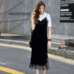 Deep V Neck Velvet Lace Dress 2017 Ladies Slip Split Spring Autumn Fashion Spaghetti Strap Sexy Silm Women Long Dress Plus Size