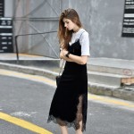 Deep V Neck Velvet Lace Dress 2017 Ladies Slip Split Spring Autumn Fashion Spaghetti Strap Sexy Silm Women Long Dress Plus Size