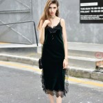 Deep V Neck Velvet Lace Dress 2017 Ladies Slip Split Spring Autumn Fashion Spaghetti Strap Sexy Silm Women Long Dress Plus Size