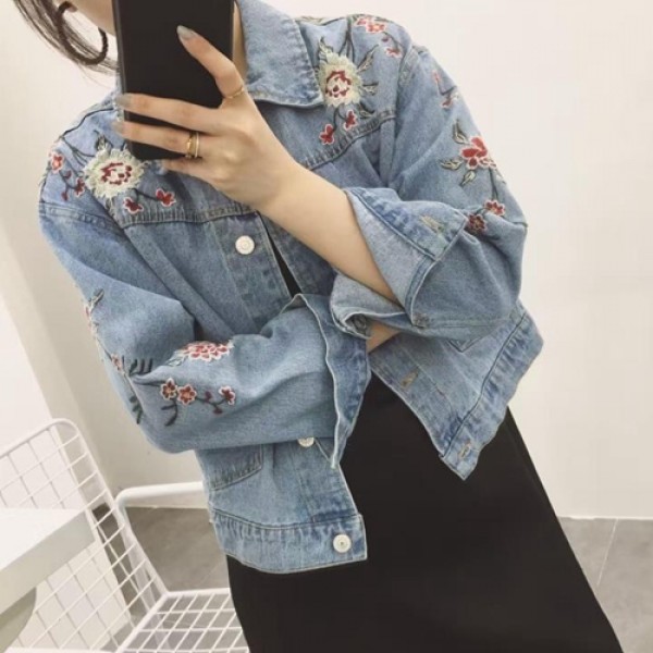 Denim Jacket Women 2016 New Fashion Floral Embroidery Jean Jacket Women Pocket Basic Coat Chaquetas Mujer Abrigos Mujer