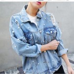 Denim Jacket Women Thin Rhinestone Pearl Beaded Denim Ladies Elegant Vintage Hole Jacket Coat  Casacos Feminino