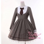 Detective Cat Women's Preppy Style Neck Tie Long Sleeve Lolita Dress Striped Peter Pan Collar Lace Trim Hem One Piece Cute