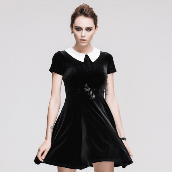 Devil Fashion Punk Rock Elegant Simple Black Short Sleeves Girls Dresses Peter Pan Collar Excellent Stretch Soft Dresses Women