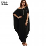 Dotfashion 2016 Female Plain Black One Shoulder Dolman Short Sleeve Short Sleeve Maxi Asymmetrical Tshirt Dress