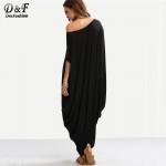 Dotfashion 2016 Female Plain Black One Shoulder Dolman Short Sleeve Short Sleeve Maxi Asymmetrical Tshirt Dress