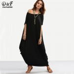 Dotfashion 2016 Female Plain Black One Shoulder Dolman Short Sleeve Short Sleeve Maxi Asymmetrical Tshirt Dress