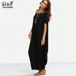 Dotfashion 2016 Female Plain Black One Shoulder Dolman Short Sleeve Short Sleeve Maxi Asymmetrical Tshirt Dress