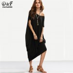 Dotfashion 2016 Female Plain Black One Shoulder Dolman Short Sleeve Short Sleeve Maxi Asymmetrical Tshirt Dress