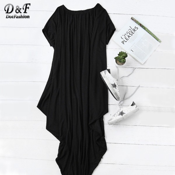 Dotfashion 2016 Female Plain Black One Shoulder Dolman Short Sleeve Short Sleeve Maxi Asymmetrical Tshirt Dress