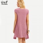 Dotfashion 2016 Summer Pink Cap Sleeve Asymmetrical Short Dress Casual Ladies Wear Round Neck Loose Mini Dress