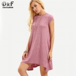 Dotfashion 2016 Summer Pink Cap Sleeve Asymmetrical Short Dress Casual Ladies Wear Round Neck Loose Mini Dress