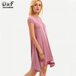 Dotfashion 2016 Summer Pink Cap Sleeve Asymmetrical Short Dress Casual Ladies Wear Round Neck Loose Mini Dress