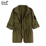 Dotfashion Army Green Printed Back Drawstring Waist Utility Outerwear Women Lapel Long Sleeve Pockets Coat