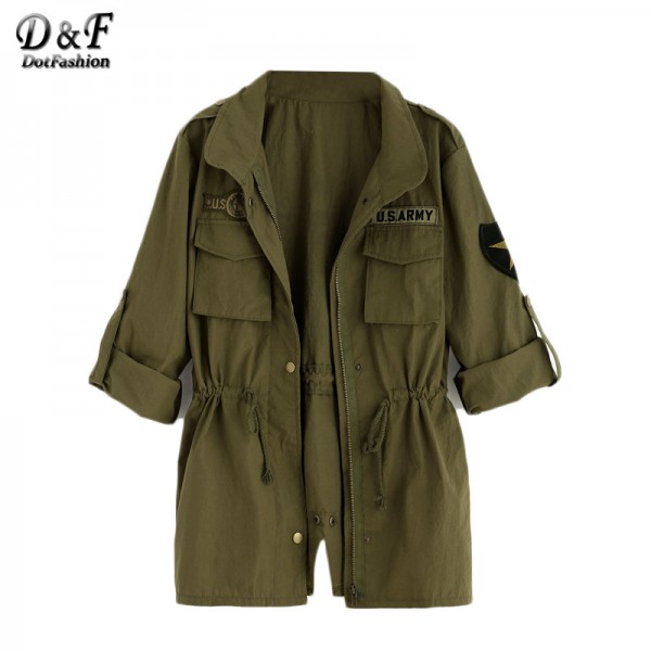 Dotfashion Army Green Printed Back Drawstring Waist Utility Outerwear Women Lapel Long Sleeve Pockets Coat