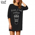 Dotfashion Black Round Neck Long Sleeve Coffee Print Long Tees Women Casual Tops 2016 New Style T-Shirt 