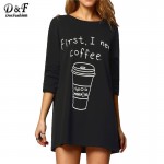 Dotfashion Black Round Neck Long Sleeve Coffee Print Long Tees Women Casual Tops 2016 New Style T-Shirt 