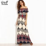 Dotfashion Bohemian Style Maxi Dress Beach Dress Summer Boho Dress Multicolor Print Off The Shoulder Ruffle Maxi Dress 