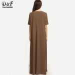 Dotfashion Brown Short Sleeve Zipper Back Maxi Dress Autumn New Style Round Neck Plain Long Casual Dress