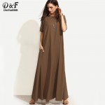 Dotfashion Brown Short Sleeve Zipper Back Maxi Dress Autumn New Style Round Neck Plain Long Casual Dress