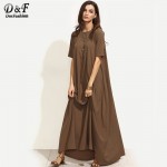 Dotfashion Brown Short Sleeve Zipper Back Maxi Dress Autumn New Style Round Neck Plain Long Casual Dress