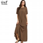 Dotfashion Brown Short Sleeve Zipper Back Maxi Dress Autumn New Style Round Neck Plain Long Casual Dress