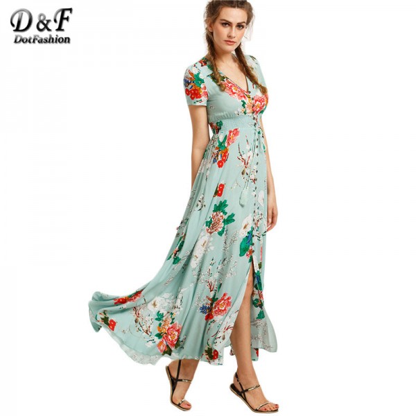 Dotfashion Casual Boho Dresses for Womens Dresses New Arrival Long Dresses Print In Green Short Sleeve Vintage Long Dress 