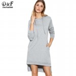 Dotfashion European Style Women Dress Women Clothes Grey Hooded Slit Side High Low Straight Mini Sweatshirt Dress 