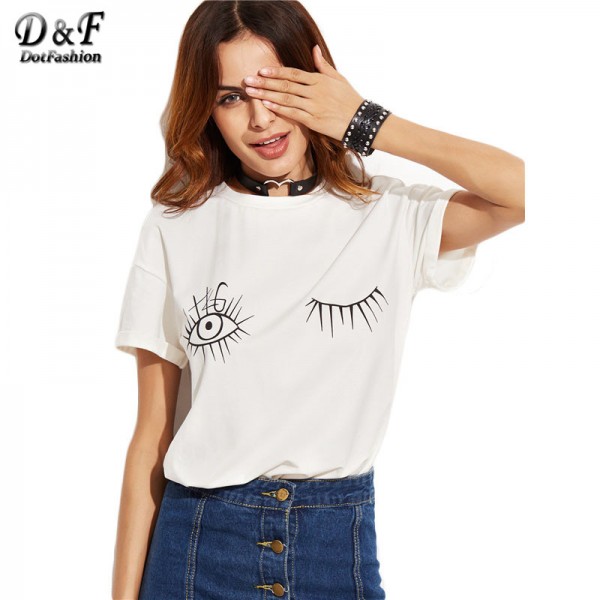 Dotfashion Korean Shirt Famous Brand Women Fashion Girl Print White T Shirt White Wink Eyes Print Drop Shoulder T-shirt 