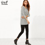 Dotfashion Korean Tops Clothes Women Long Sleeve Tops Winter Casual Women Grey Marled Knit Bow Back High Low T-shirt 