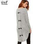 Dotfashion Korean Tops Clothes Women Long Sleeve Tops Winter Casual Women Grey Marled Knit Bow Back High Low T-shirt 