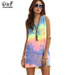 Dotfashion Ladies Summer Style Multicolor Tie-dye V Neck Sleeveless Knotted Shift Dress Hollow Out Shift Mini Dress 