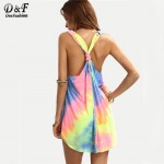 Dotfashion Ladies Summer Style Multicolor Tie-dye V Neck Sleeveless Knotted Shift Dress Hollow Out Shift Mini Dress 