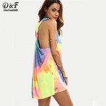 Dotfashion Ladies Summer Style Multicolor Tie-dye V Neck Sleeveless Knotted Shift Dress Hollow Out Shift Mini Dress 