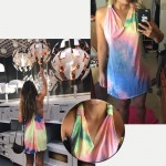 Dotfashion Ladies Summer Style Multicolor Tie-dye V Neck Sleeveless Knotted Shift Dress Hollow Out Shift Mini Dress 